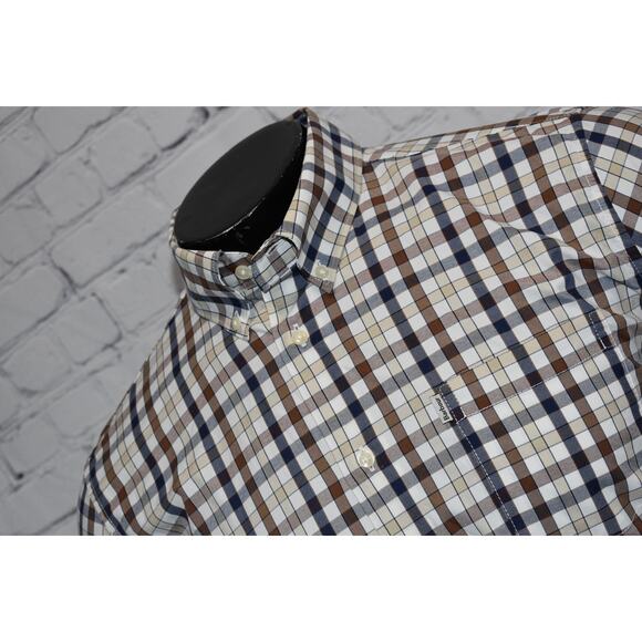 Barbour Performance Dress Shirt Mens Size Medium Stretch Blue Brown Plaid - Picture 4 of 8